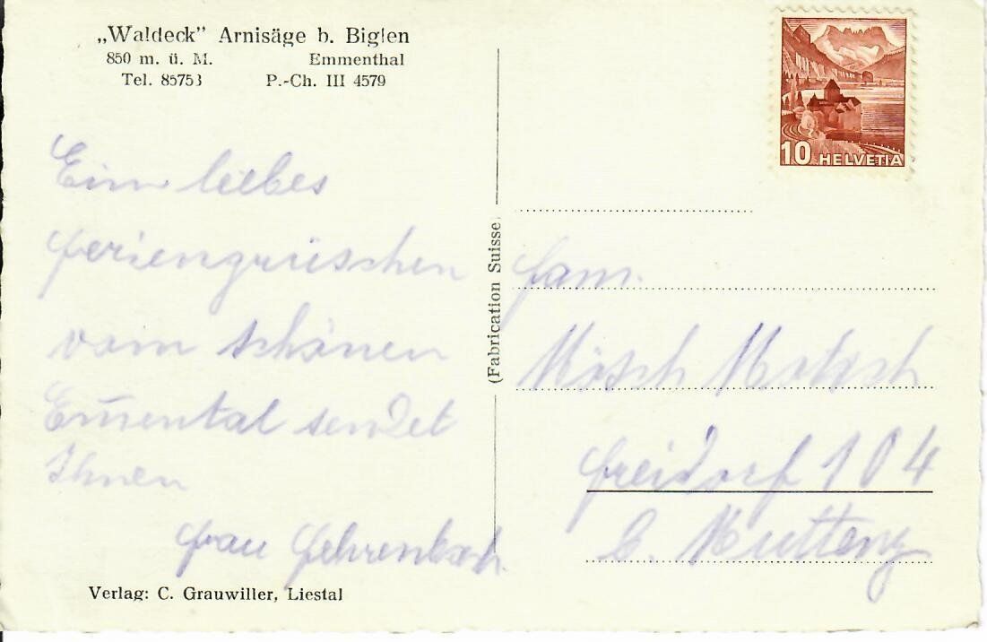 Cartoline postali: Waldeck - Arnisäge bei Biglen Emmenthal – Usato da Hochdorf venduto da Ziegel-16 1
