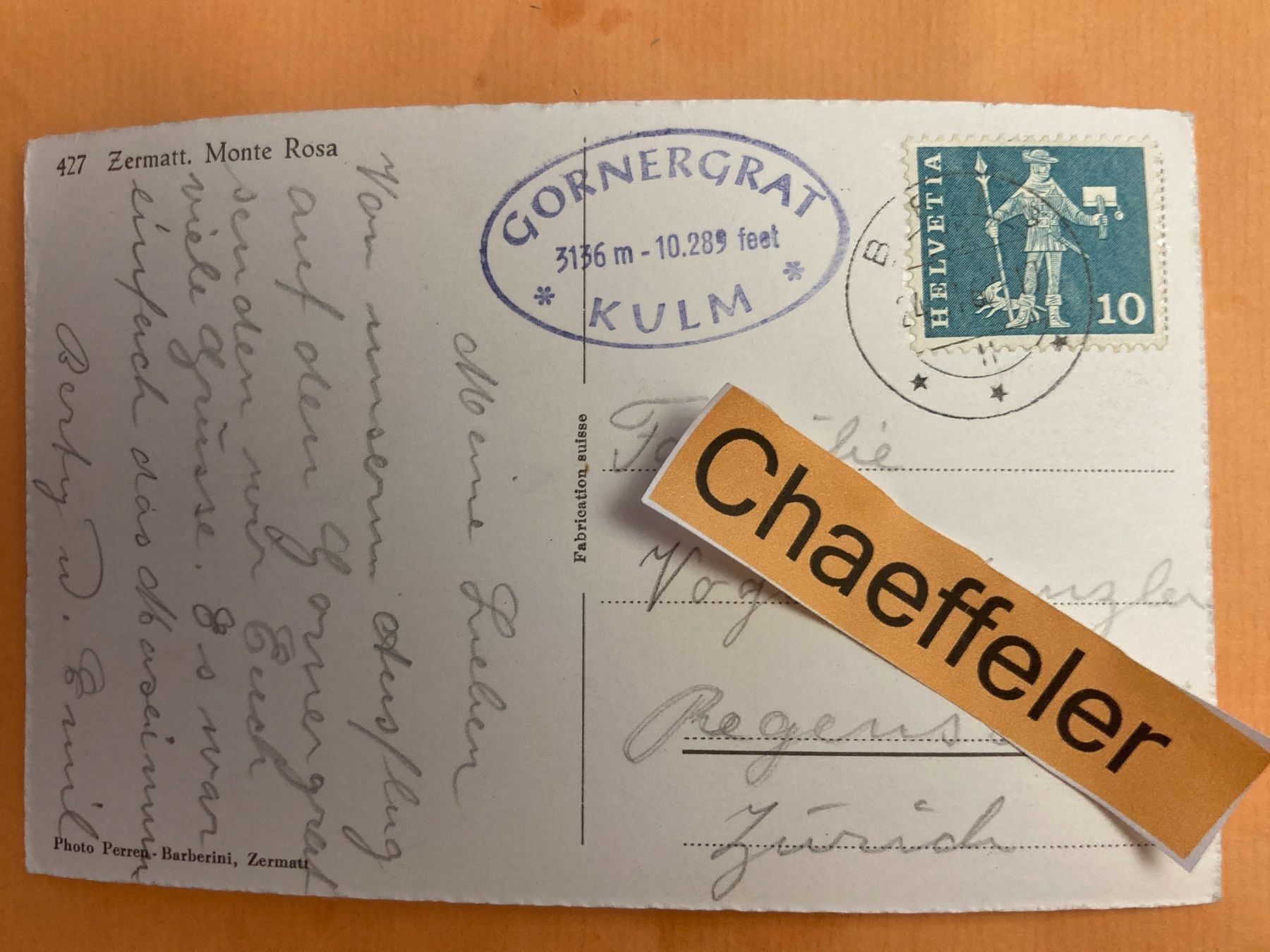 Cartoline postali: 427 Zermatt. Monte Rosa – Usato da Zürich venduto da Chaeffeler 1