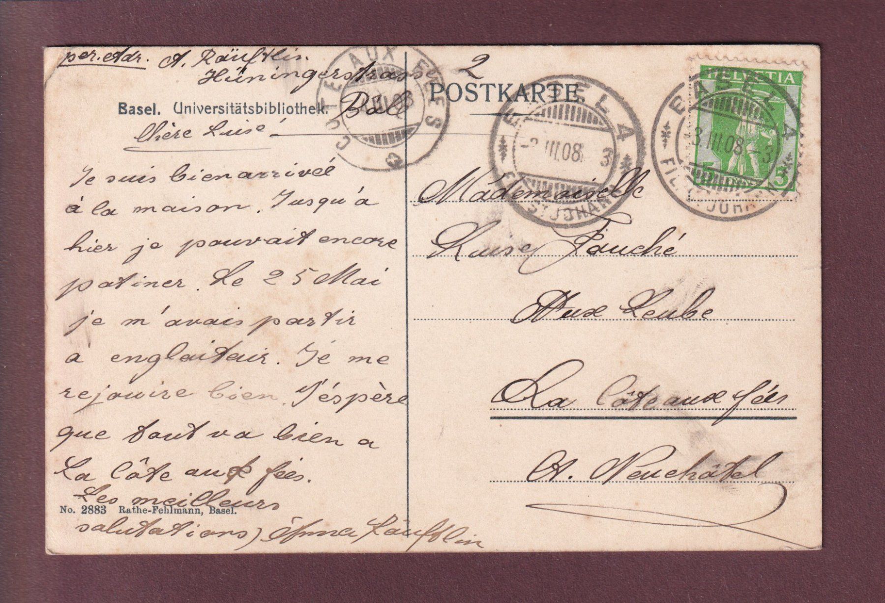 Ansichtskarten: BASEL - Universitätsbibliothek - 1908 – Gebraucht aus Pully von nicecards 1