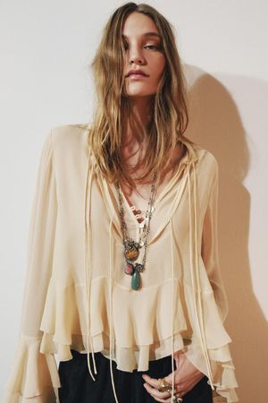 ZARA Bluse Boho mit Volant aus Viskose Gr.L (38) NEU 69.90
