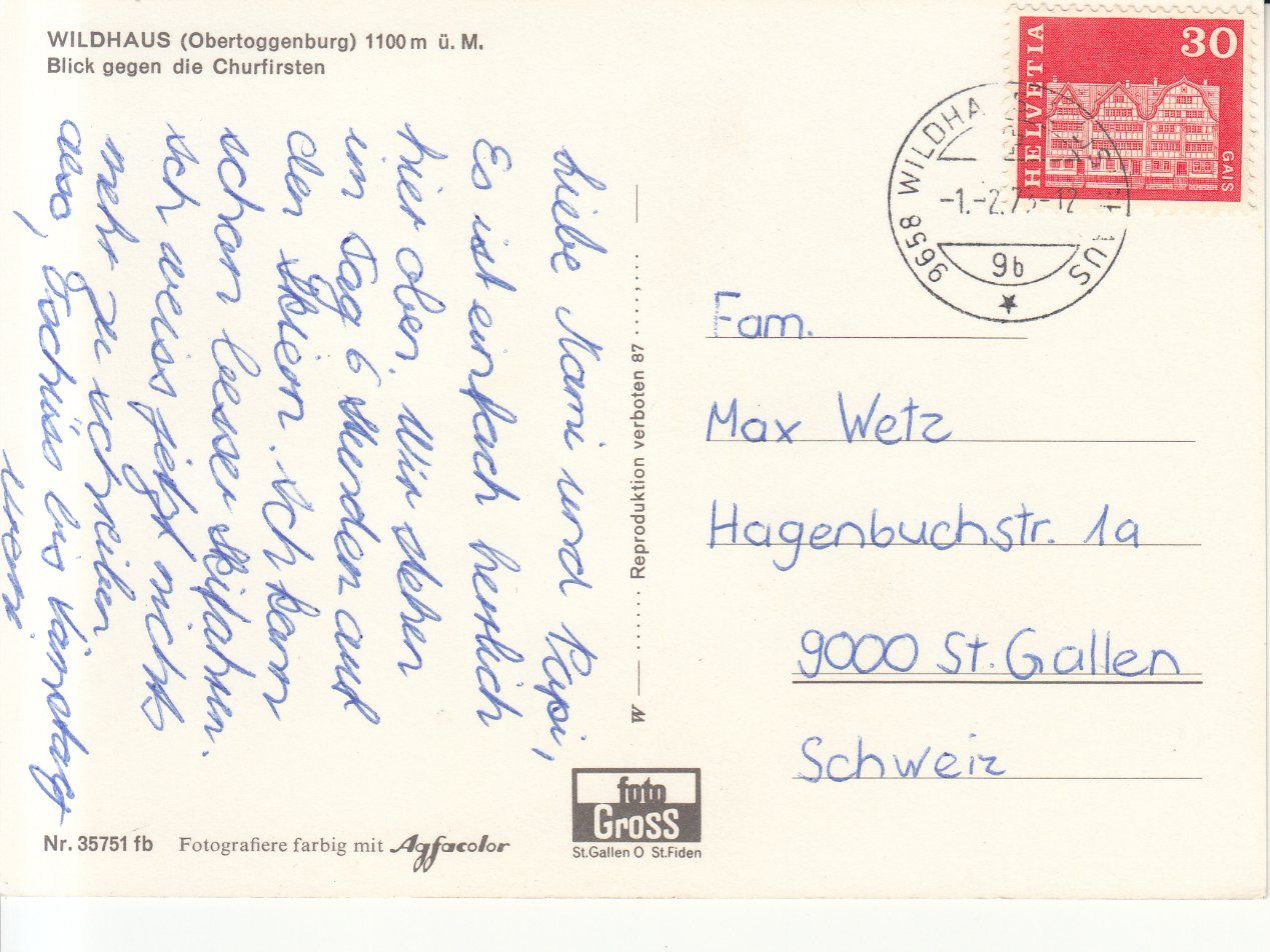 Cartoline postali: Wildhaus 1973 – Usato da Bürglen TG venduto da StampGraf 1