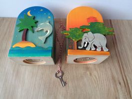 2 WEIZENKORN KÄSSELI SPARKASSE DELFIN ELEFANT HOLZS WISS MAD