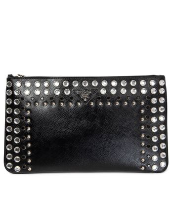 PRADA CRYSTAL STUDDED CLUTCH BLACK VERNICE SAFFIANO