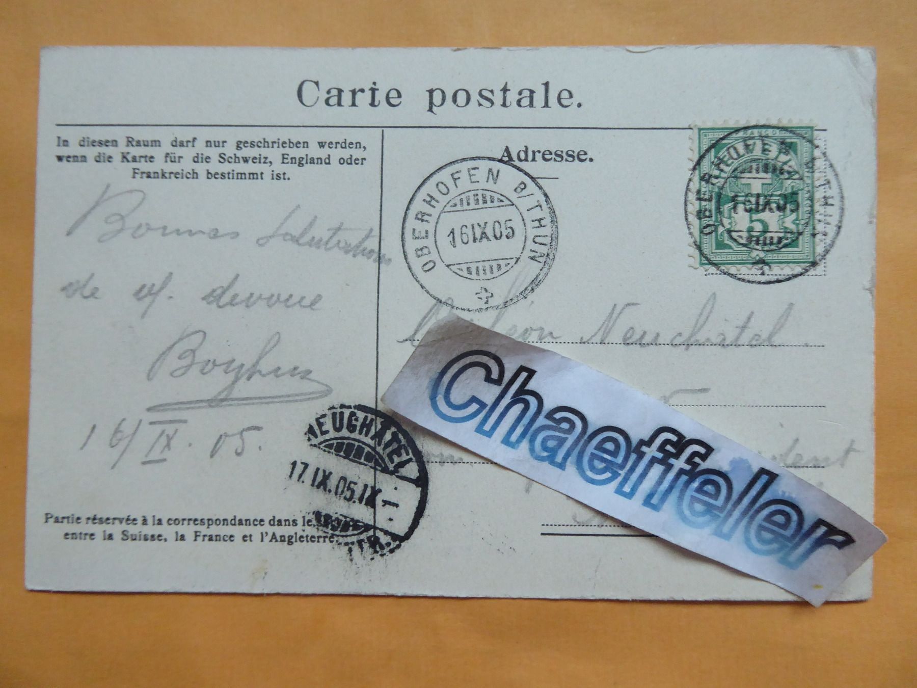 Cartoline postali: 1905  Oberhofen - Eiger, Mönch und Jungfrau – Usato da Zürich venduto da Chaeffeler 1