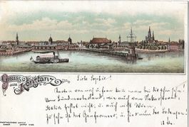 Gruss aus Konstanz, Litho, Hafen, Schiffe, um 1900