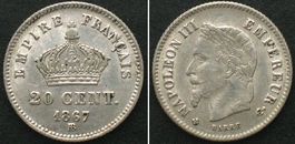 NAPOLEON III. 20 Centimes 1867 BB, Strasbourg, argent SUP!