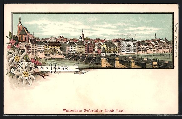 Ansichtskarten: Litho Basel, Teilansicht mit Rheinbrück – Gebraucht aus Berlin von bartko-reher