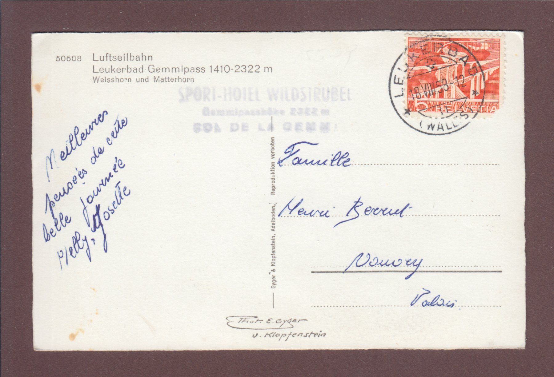 Cartoline postali: Luftseilbahn LEUKERBAD-GEMMIPASS - 1958 // Falte // – Usato da Pully venduto da nicecards 1