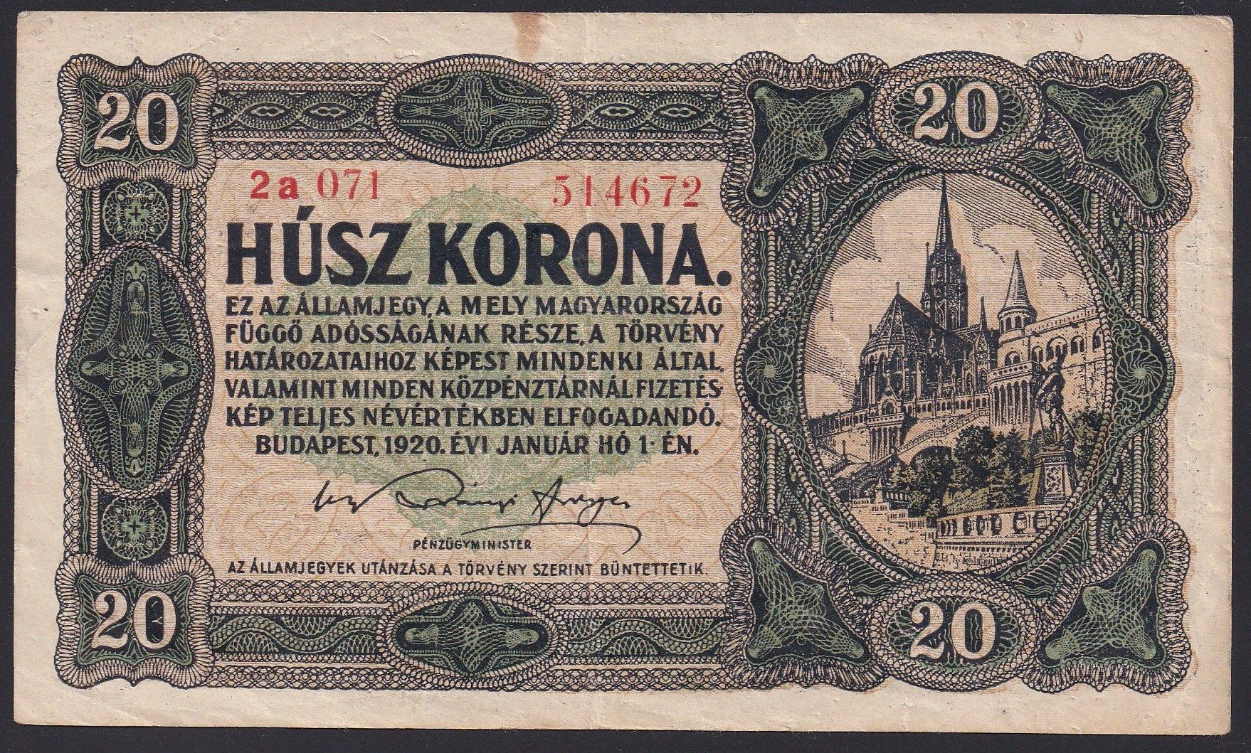 Banconote: Ungarn 20 Korona 1920 – Usato da Brugg AG venduto da banknoten_muesli