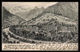 Lithographie Bad Heustrich /Berner Oberland, Kurhausanlage a