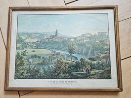 Alte Ansicht der Stadt Fribourg, Lithographie gerahmt
