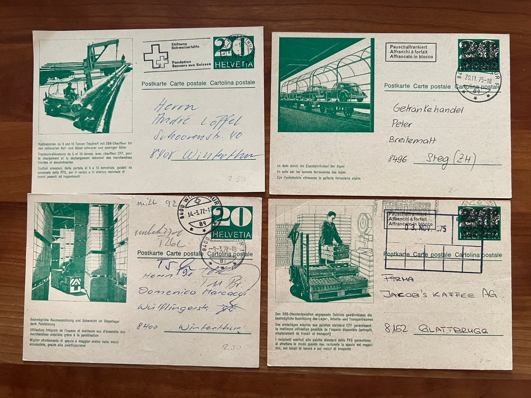 Cartoline postali: Lot mit 4 Postkarten 1972  (M611) – Usato da Hinwil venduto da Sidi4
