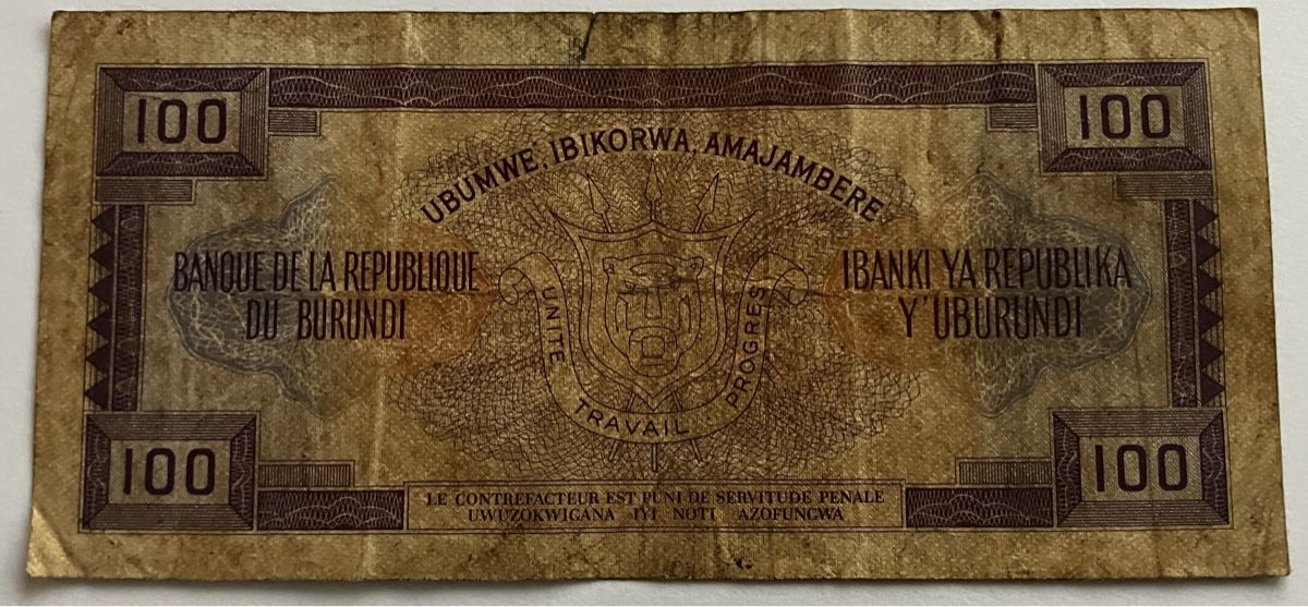 Banconote: Burundi 100 Francs 1979 – Usato da Algetshausen venduto da Carrhard 1