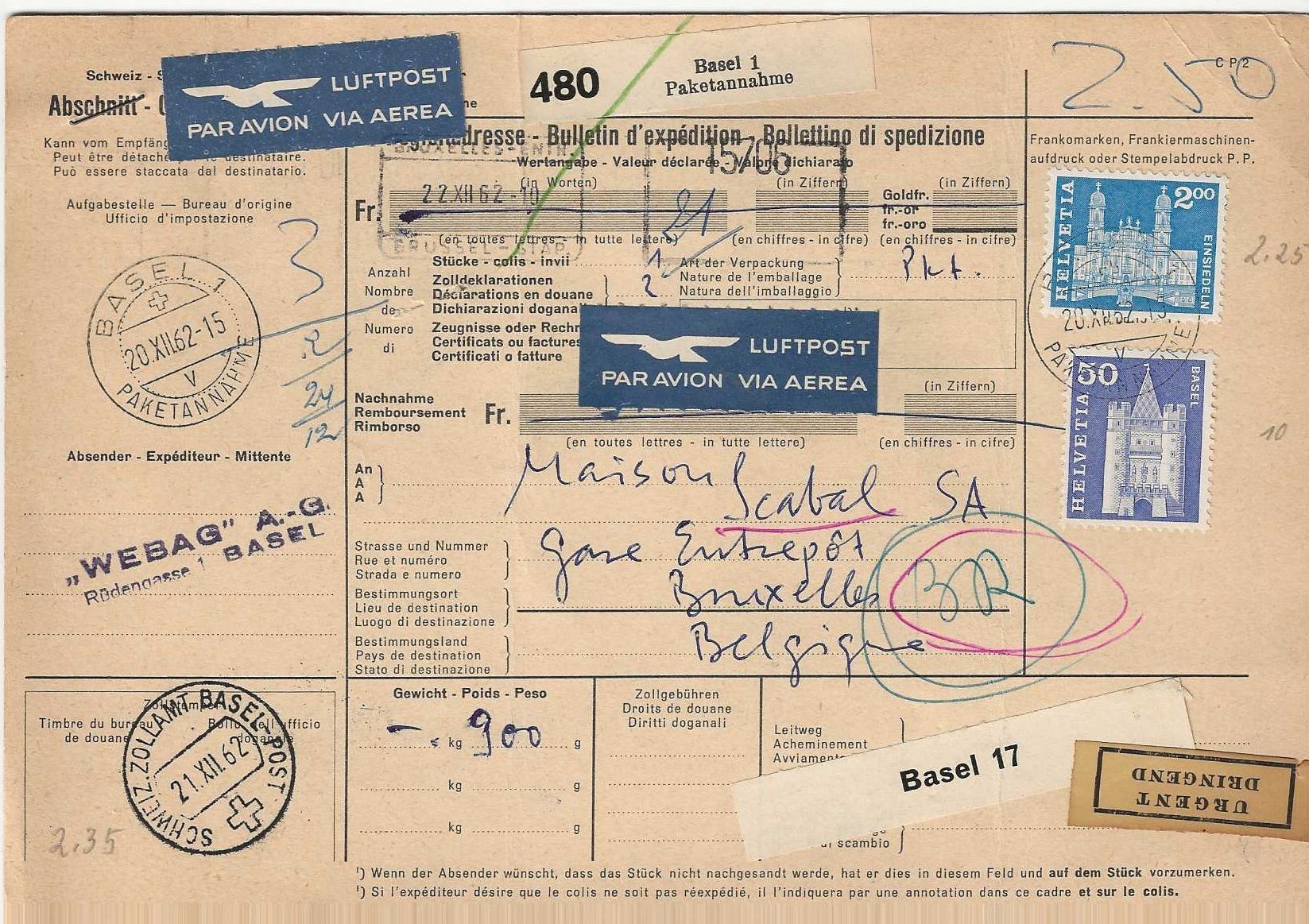 Tutti i francobolli: Begleitadresse, 1962, Basel über Basel 17 – Usato da Basel venduto da Bingis