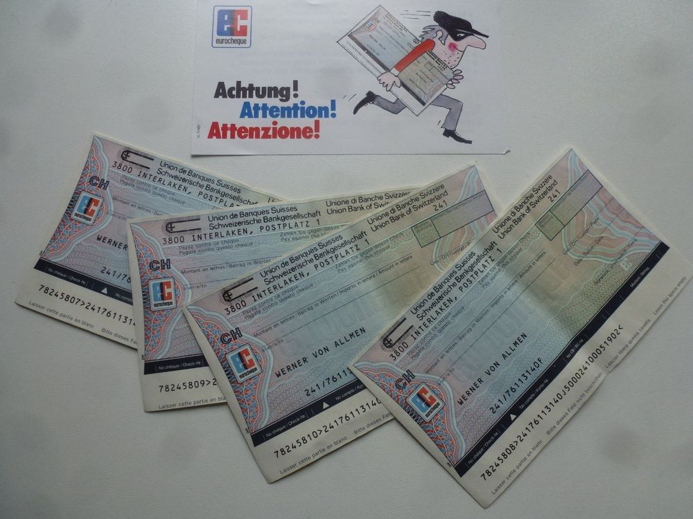 Schweiz ++ 4 Stück UBS Eurocheque, ungebraucht (Gebraucht) in ...