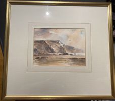 Aquarell Gemälde, Goldrahmen, Küstenlandschaft, signiert