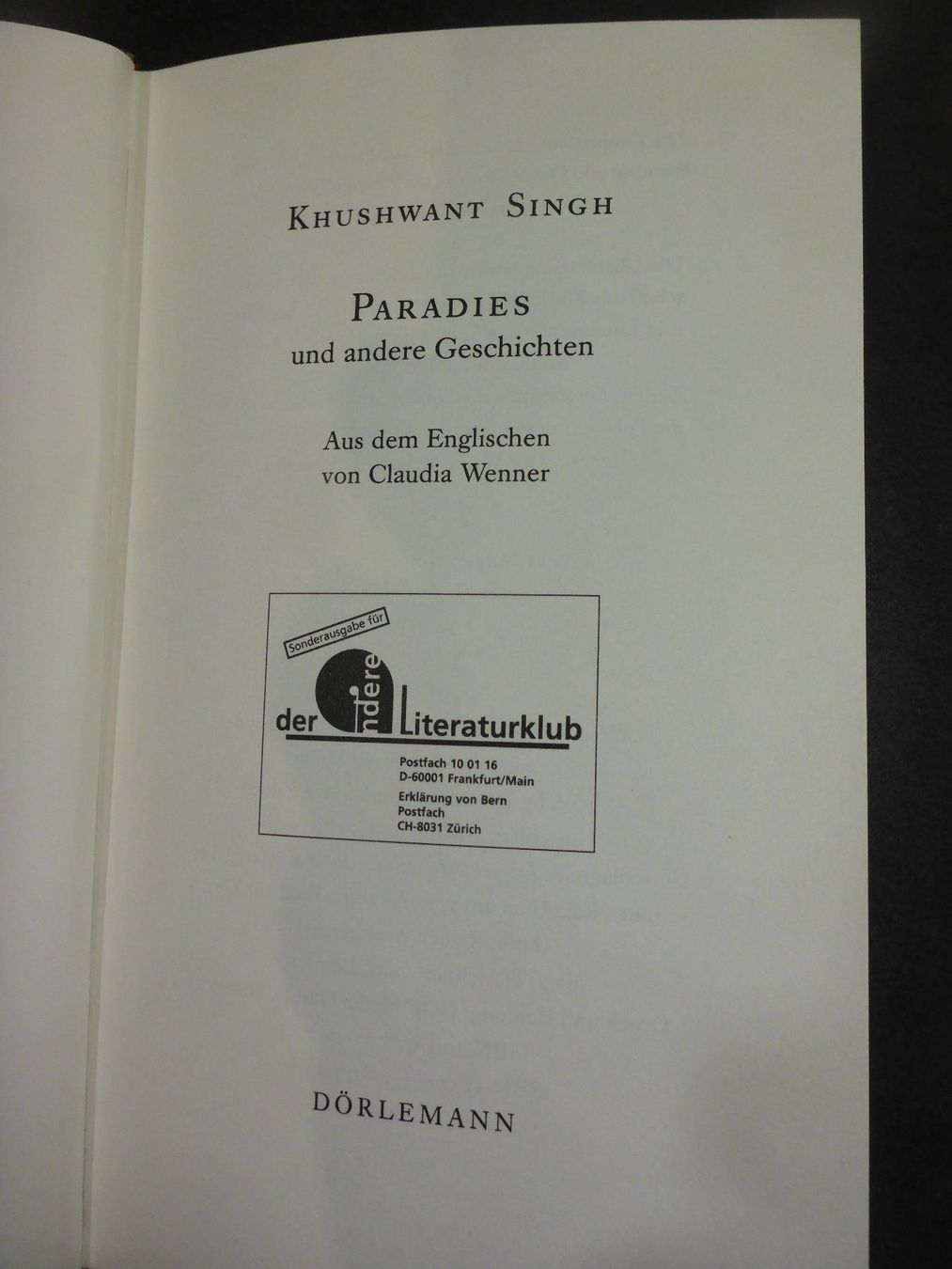 Libri: K. Singh: Paradies un andere Geschichten – Usato da Jegenstorf venduto da ladoga66 1