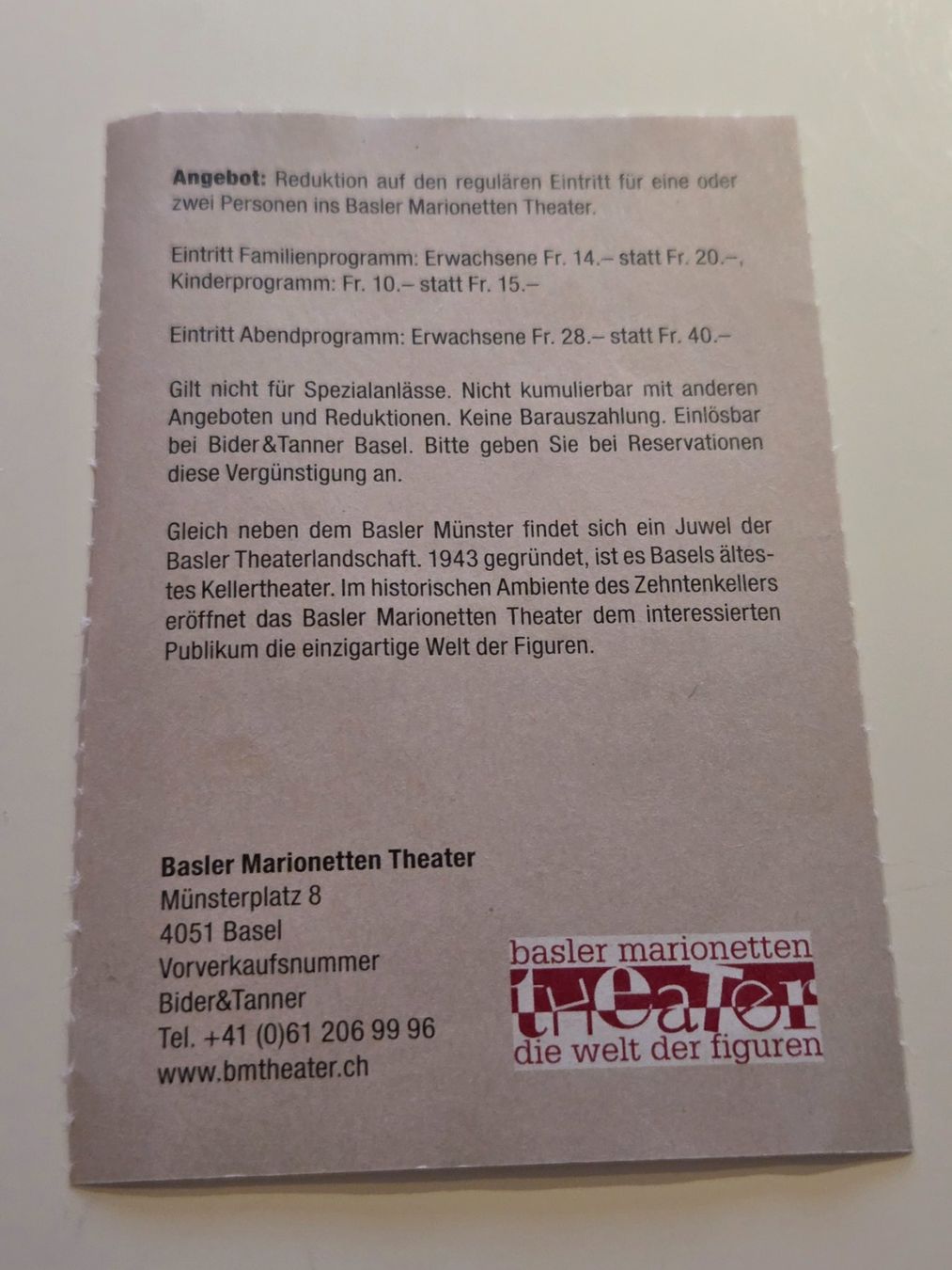 Buoni: Basler Marionetten Theater, Reduktion Eintritt – Usato da Liestal venduto da ITOlio 1