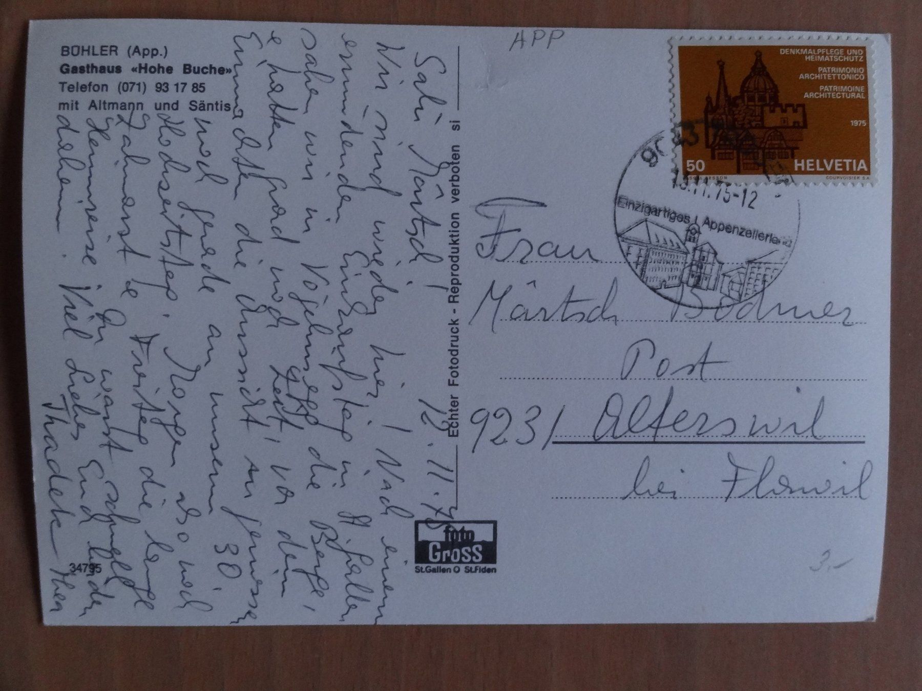 Cartoline postali: Bühler - Gasthaus Hohe Buche - 1975 – Usato da St Léonard venduto da Riglin 1