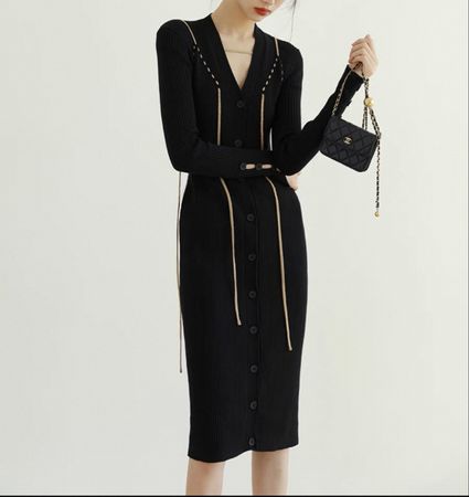 Black Ribbed Knit Dress - warm and elegant new size free