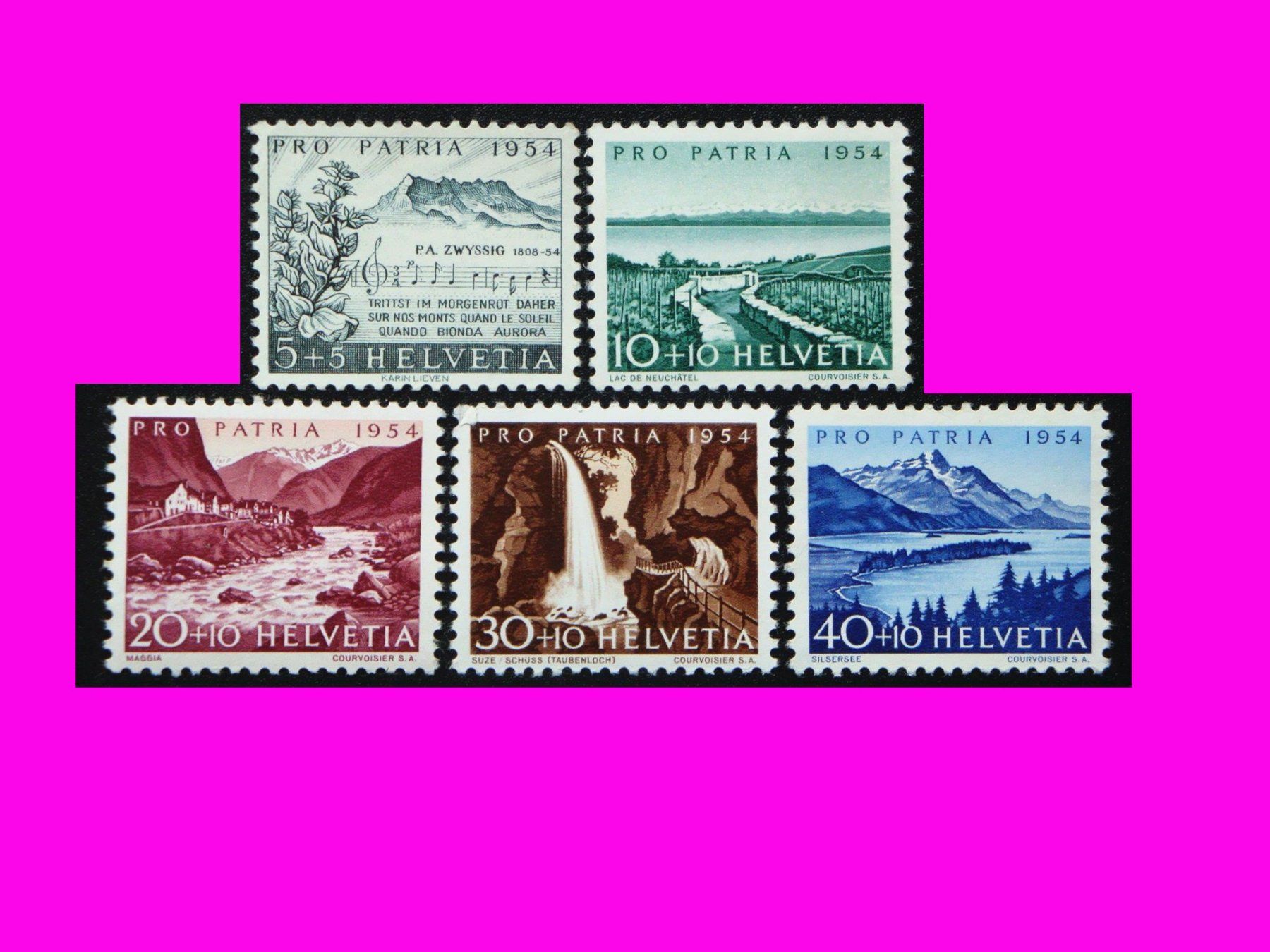 Tutti i francobolli: 1954 : Schweizer Psalm, Seen, postfrisch # 67-70  SBK Fr. 16 – Nuovo e nell'imballaggio originale da Thun venduto da ck387
