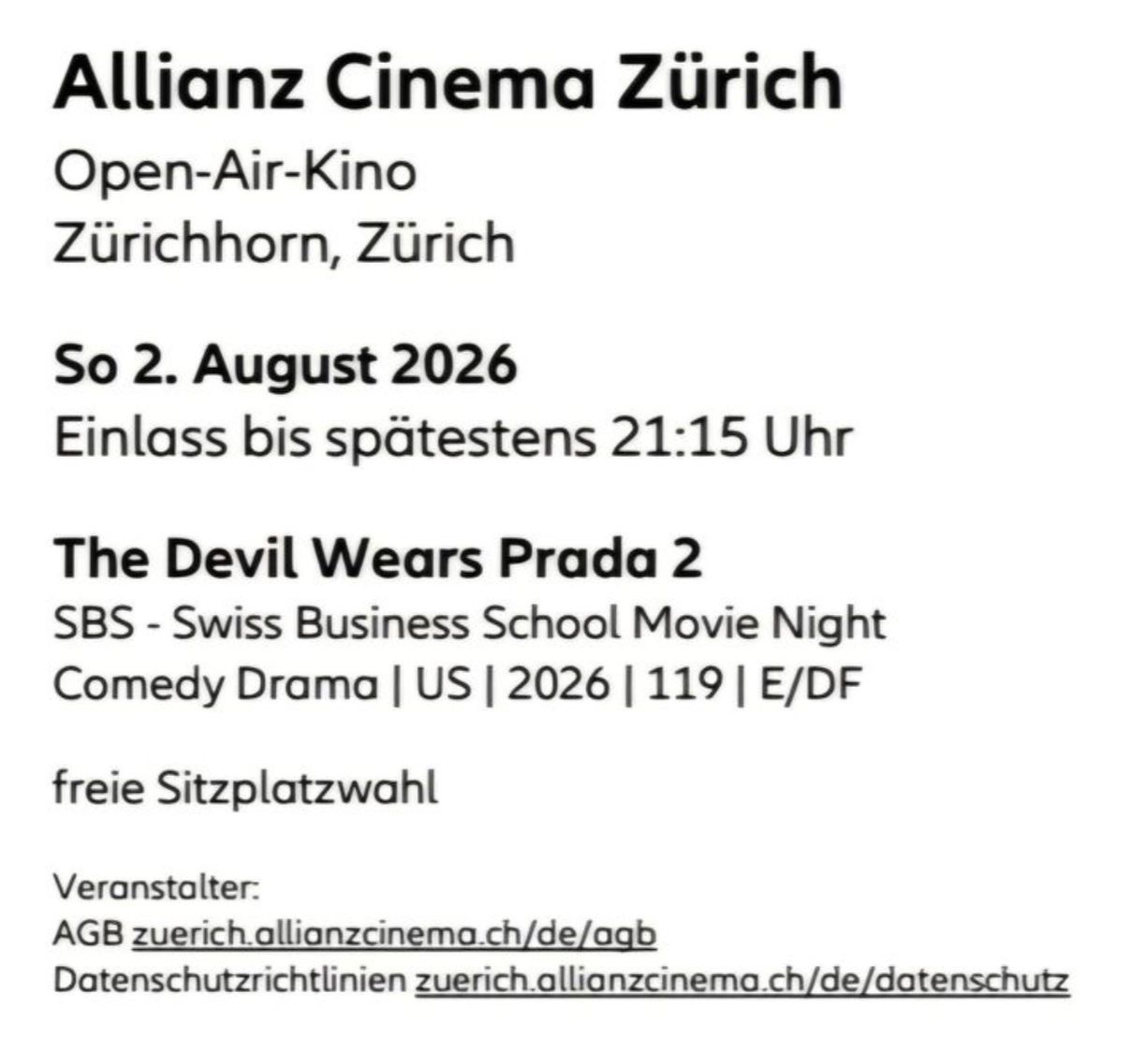 Biglietti: 2x Tickets Allianz Cinema - The Devil Wears Prada 2 – Nuovo e nell'imballaggio originale da Zürich venduto da DoblerC 1