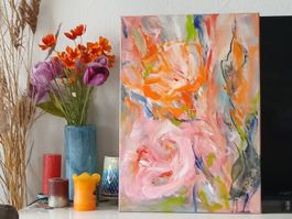 Abstrakte Gemälde in Orange Pink auf Leinwand 50x70cm