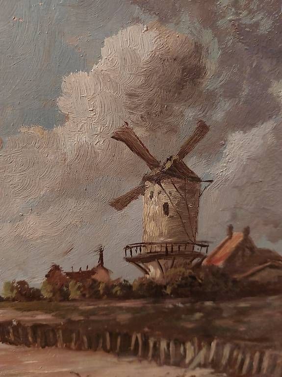 Dipinti: Öl auf Holz, Schiff mit Windmühle – Usato da Wetzikon ZH venduto da flo_vg2f 2
