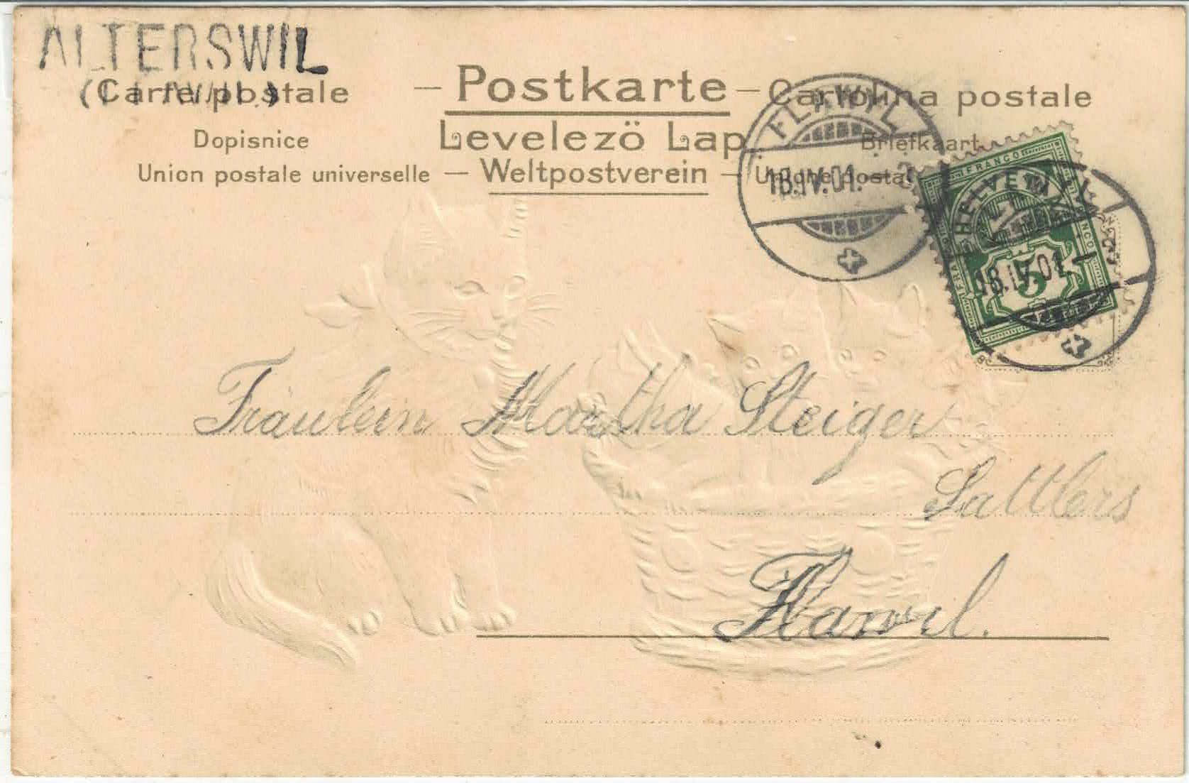 Ansichtskarten: Katzenmutter mit Jungen - Präge-Litho - Stabstempel – Gebraucht aus Ettingen von Kartenplanet 1