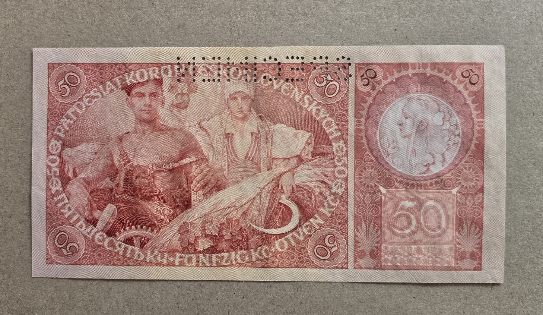 Banconote: A.MUCHA BANKNOTE 50 KRONEN TSCHECHOSLOWAKEI, SPECIMEN – Usato da Zürich venduto da reiter.peter 1