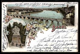 Litho Basel, Rhein mit Brücke und Stras