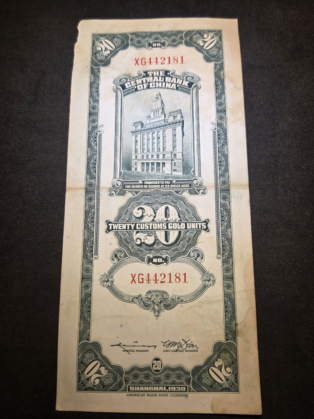 Billets de banque: 20 Customs Gold Units - China - 1930 – D'occasion à Geroldswil par Antica01 1