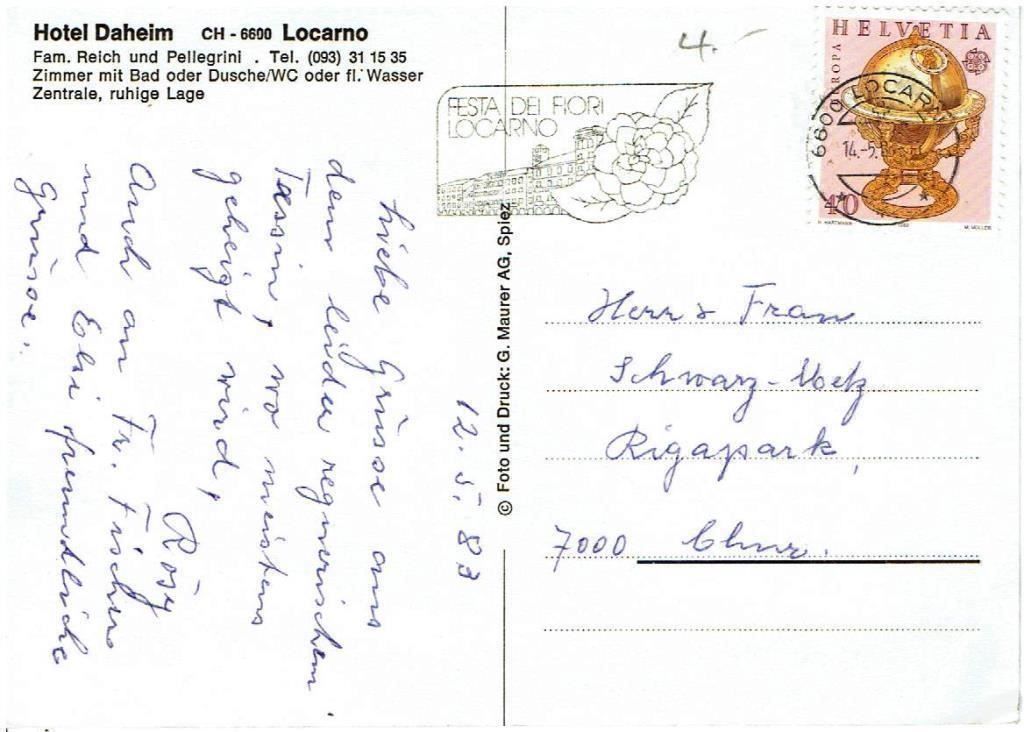 Ansichtskarten: Hotel Daheim, Locarno 1983 – Gebraucht aus Flims - Dorf von Stagediver 1