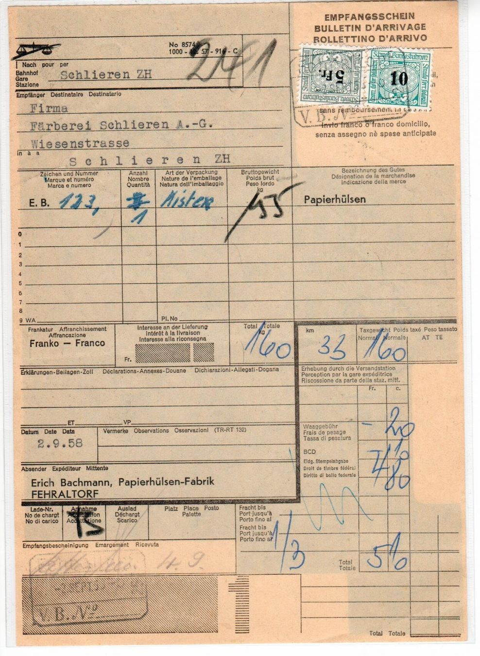 Alle Briefmarken: SBB Empfangsschein - Bahnpostmarken – Gebraucht aus Wolhusen von Curver9