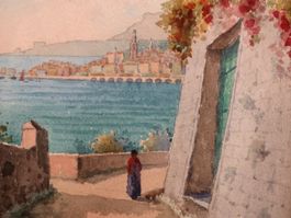 Bernard Righetti aquarelle Vue de Menton 28 X 16 cm