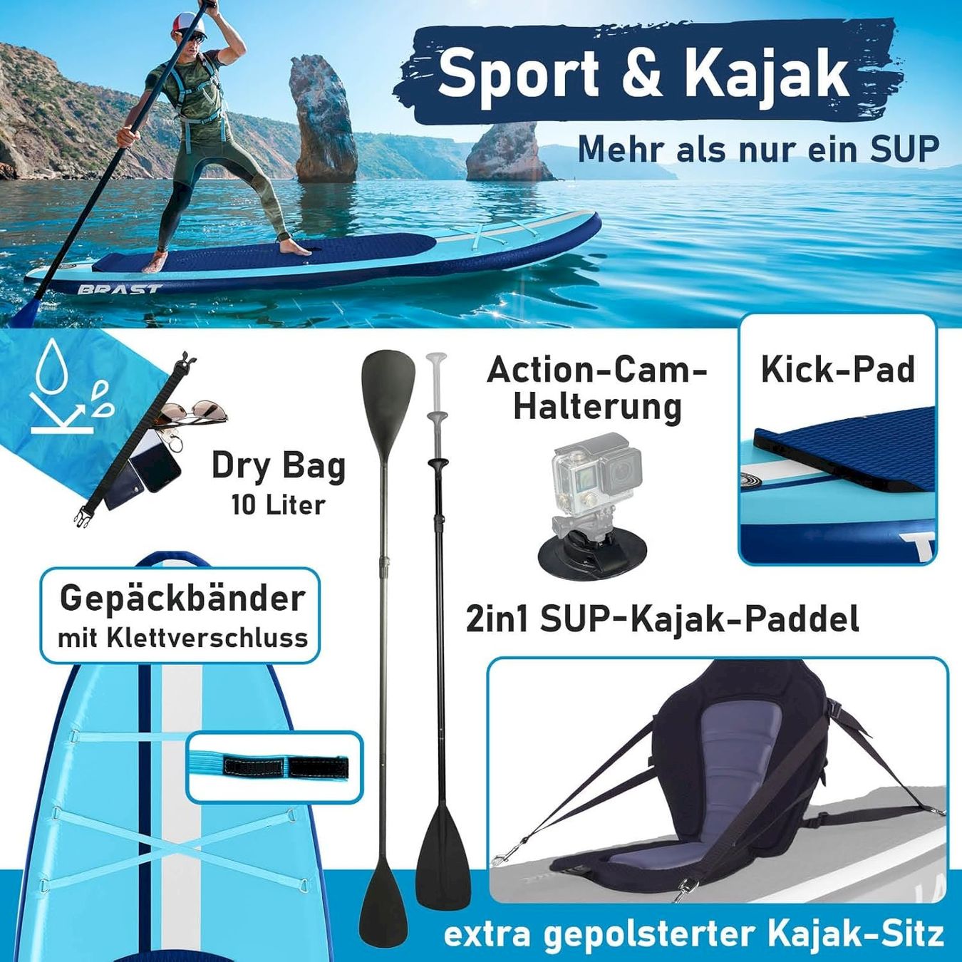 Surf: BRAST SHARK 320 SUP Board max 200kg blau – Neuf avec emballage d'origine à Bottighofen par zaap 4