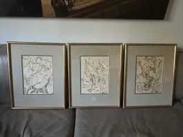 3er Set Originale Zeichnungen, H.W. Scheller, gerahmt