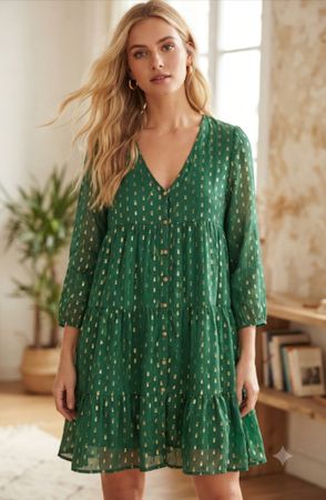Robe courte soie  Sézane vert fils dorés taille 38 