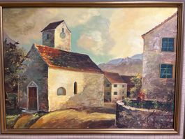 84cm breitx 64cm hoch/L Wolfinger '80 Öl Gemälde Dorf Szene