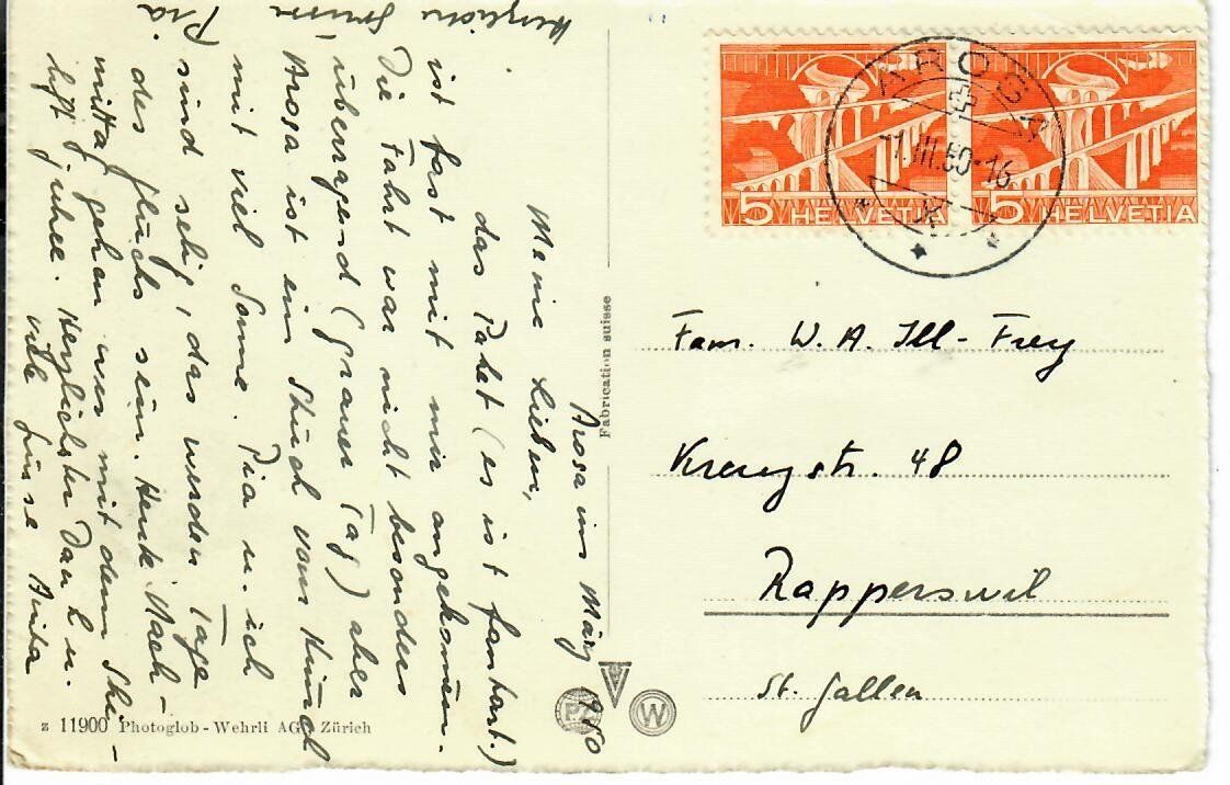 Ansichtskarten: Arosa 1950 – Gebraucht aus Hochdorf von Ziegel-16 1