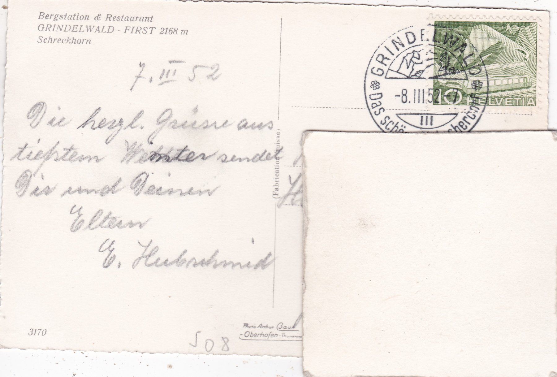 Cartes postales: Bergstation Grindelwald First Schreckhorn 1952 – D'occasion à Herisau par Lisegrat2008 1