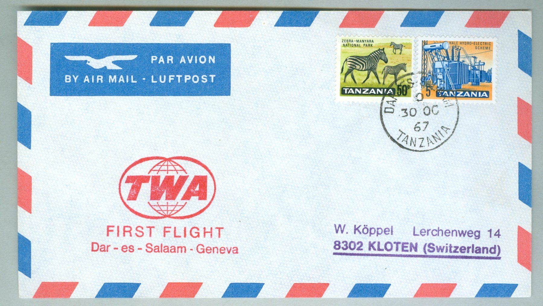 Alle Briefmarken: 1967 Tansania Flugpost RF – Gebraucht aus Zürich von yago-rot