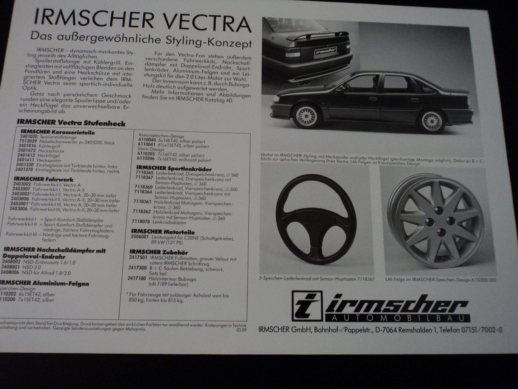 Opel Documenti: Prospekt Opel Vectra Irmscher 1989 – Usato da Schwarzenburg venduto da modelCARama 2