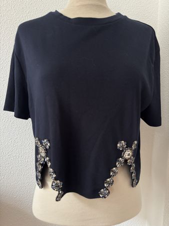 Pull Sandro marine, coupé, orné de strass, taille 36