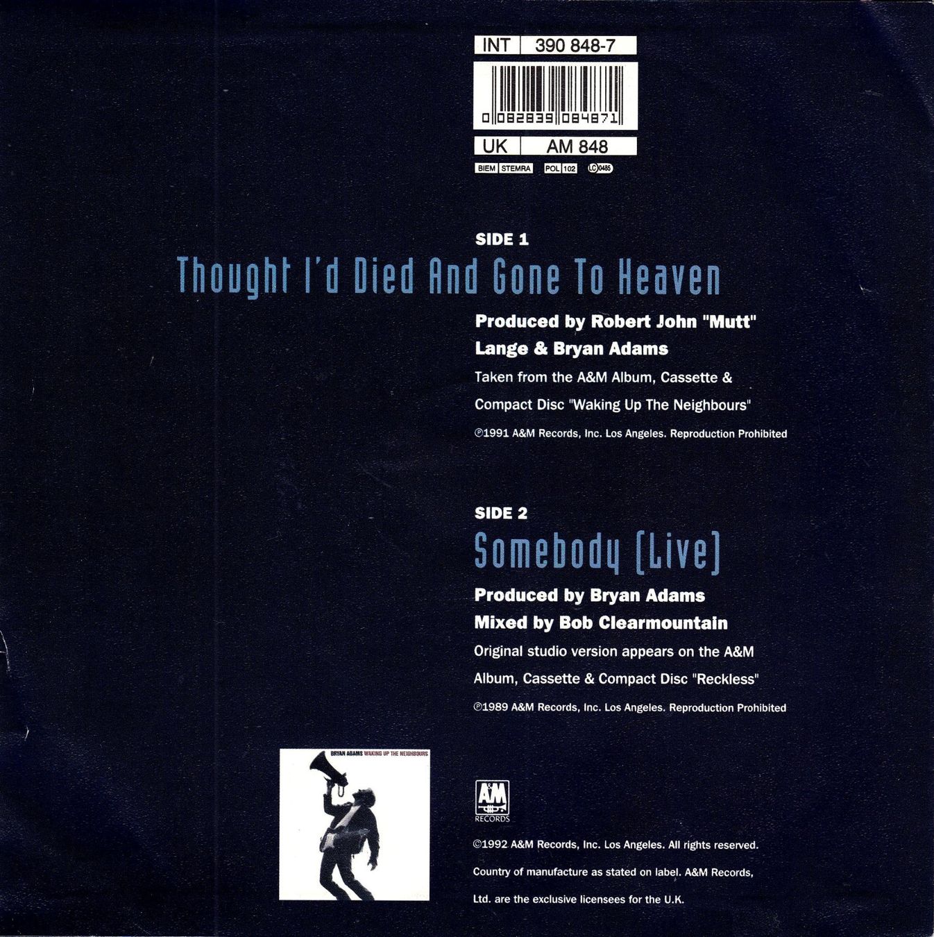 Dischi in vinile: Bryan Adams Vinyl Single von 1991 – Usato da Volketswil venduto da Abcrecords 1