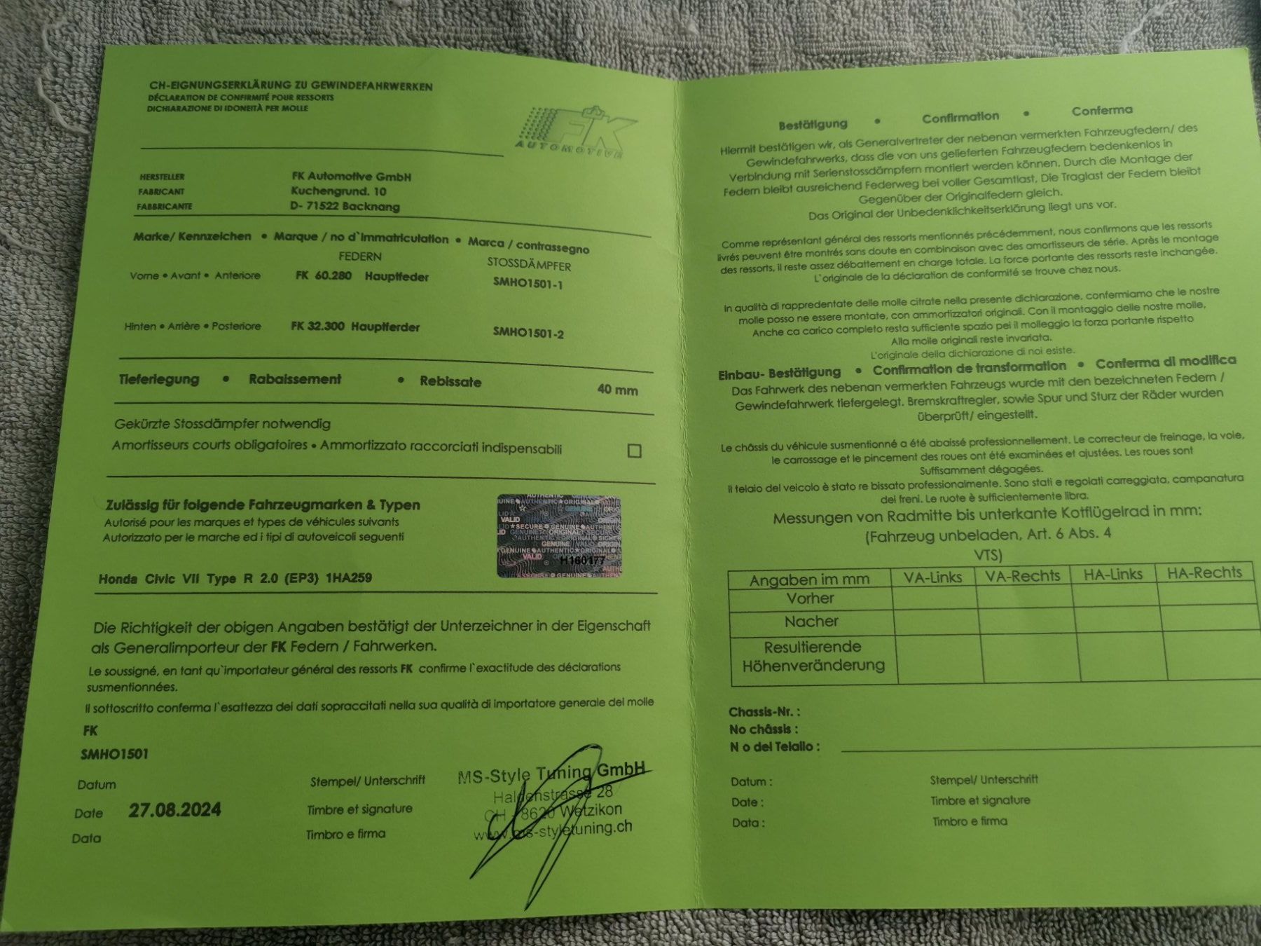 Tutti pezzi di ricambio auto: Gewindefahrwerk Eignungserklährung – Nuovo (secondo la descrizione) da Goldach venduto da Top-Shops 1