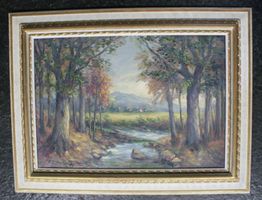 Leuthold R.F., Ölbild, Landschaft, Dorf, Bach