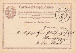 1874: 5 Rp. Ganzsache-Postkarte von Huttwyl nach Wangen a.A.