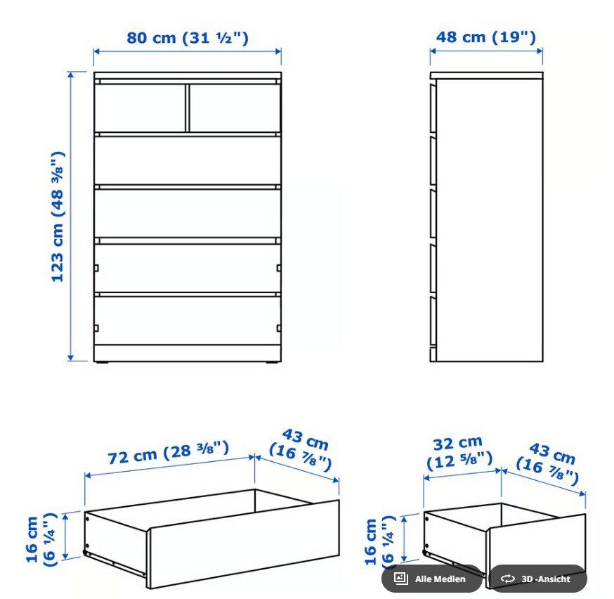 Ikea Cassettiere: IKEA MALM Kommode mit 6 Schubladen, grau lasiert – Usato da Zuzwil SG venduto da quattro_1 5