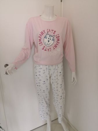 🤩PRIMULE PYJAMA WEISS-ROSA MIT KATZEN-DRUCK
